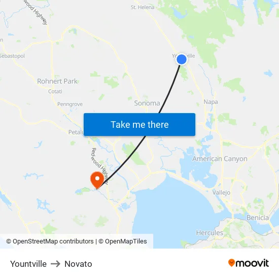Yountville to Novato map