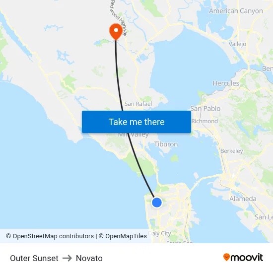 Outer Sunset to Novato map