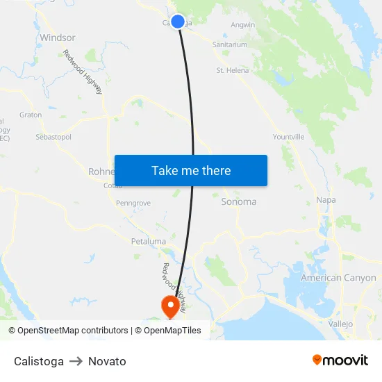 Calistoga to Novato map