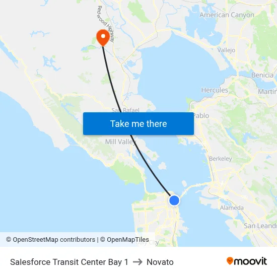 Salesforce Transit Center Bay 1 to Novato map
