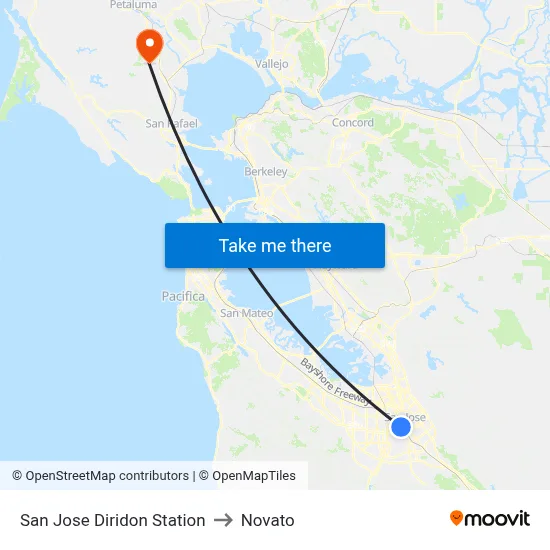 San Jose Diridon Station to Novato map