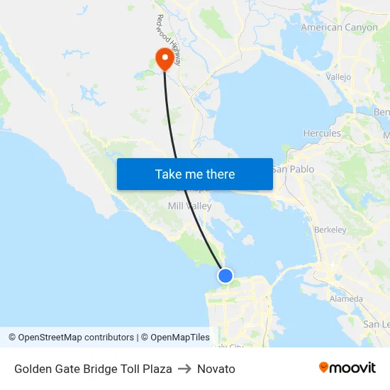 Golden Gate Bridge Toll Plaza to Novato map