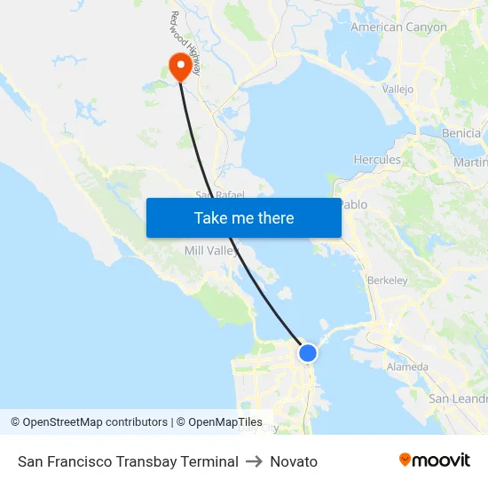 San Francisco Transbay Terminal to Novato map