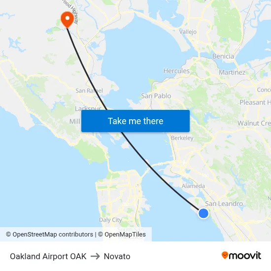 Oakland Airport OAK to Novato map