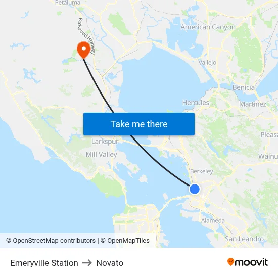 Emeryville Station to Novato map