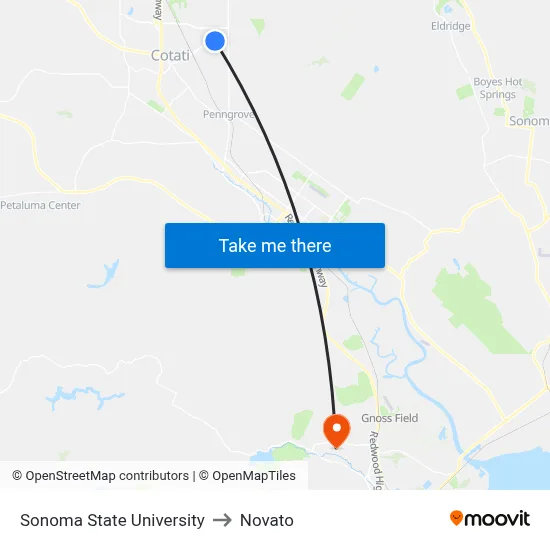 Sonoma State University to Novato map