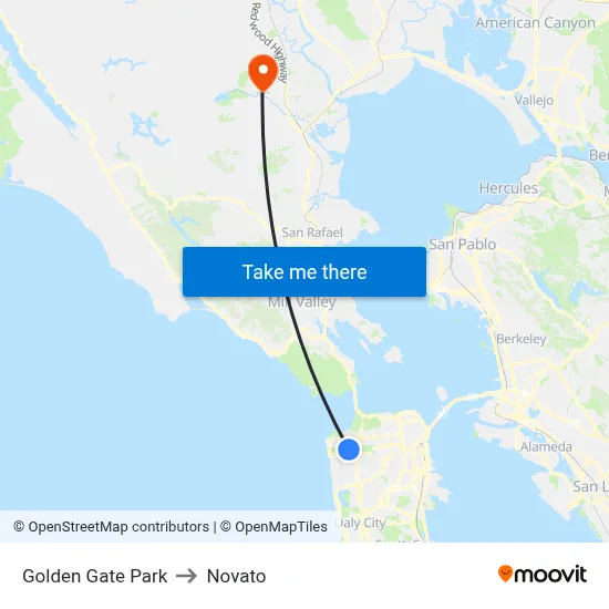 Golden Gate Park to Novato map