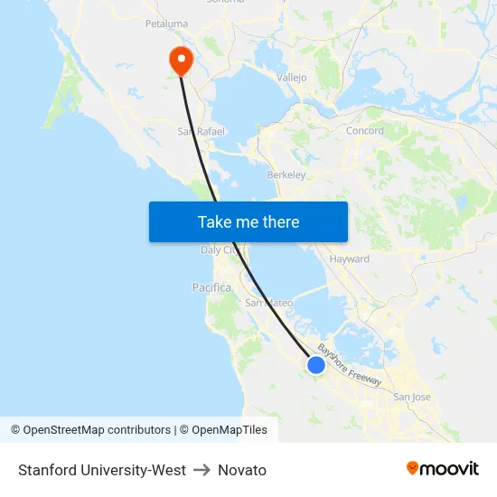 Stanford University-West to Novato map