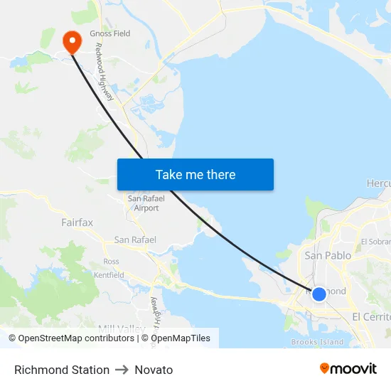 Richmond Station to Novato map