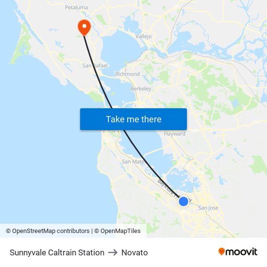 Sunnyvale Caltrain Station to Novato map