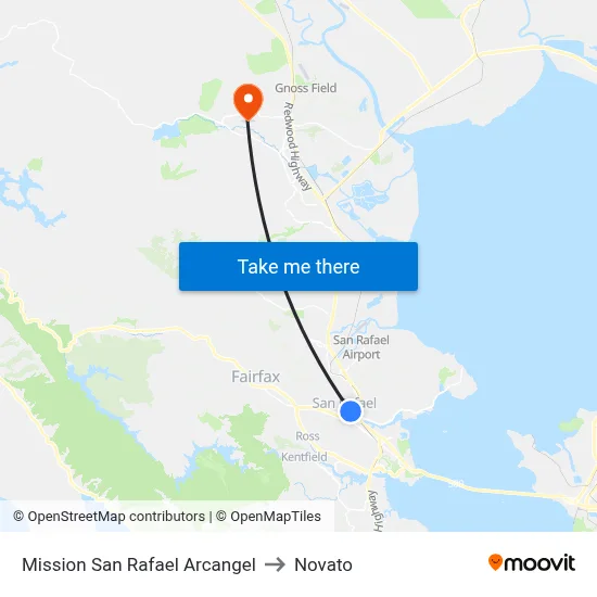 Mission San Rafael Arcangel to Novato map