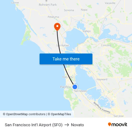 San Francisco Int'l Airport (SFO) to Novato map
