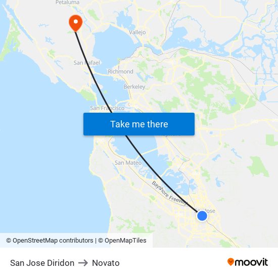 San Jose Diridon to Novato map