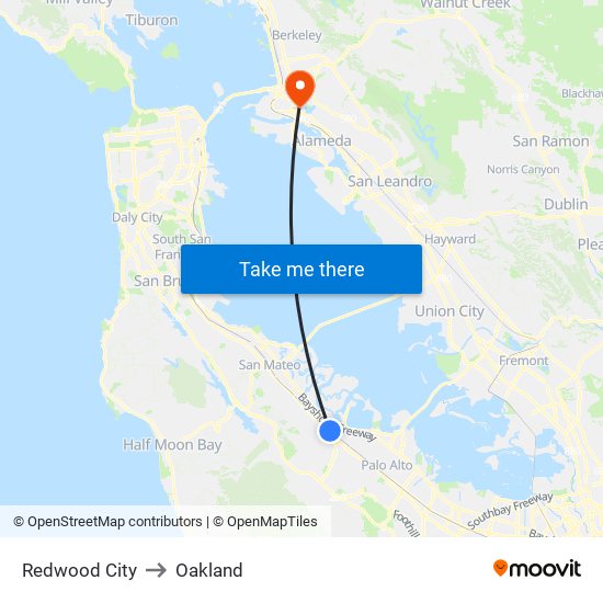 Redwood City to Oakland map