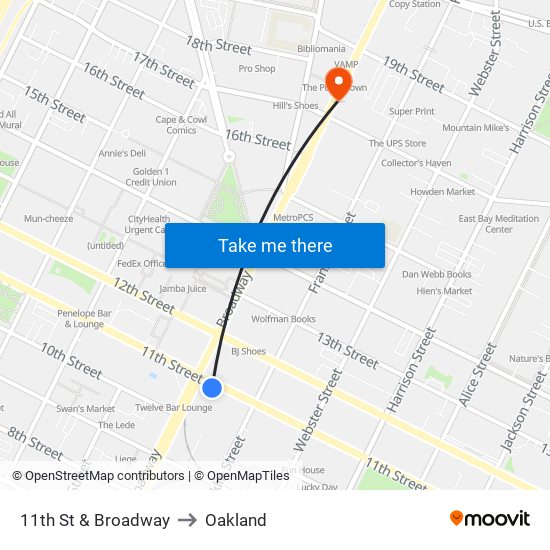 11th St & Broadway to Oakland map