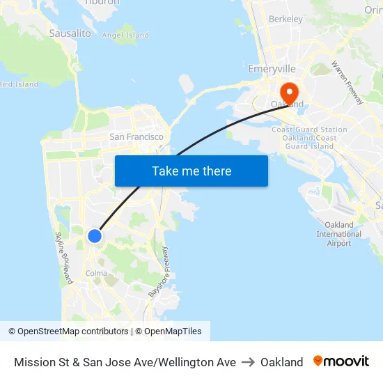 Mission St & San Jose Ave/Wellington Ave to Oakland map
