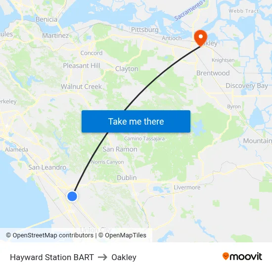 Hayward Station BART to Oakley map