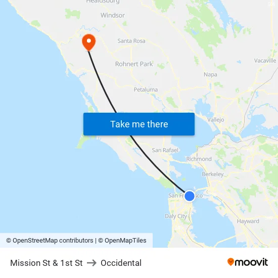 Mission St & 1st St to Occidental map