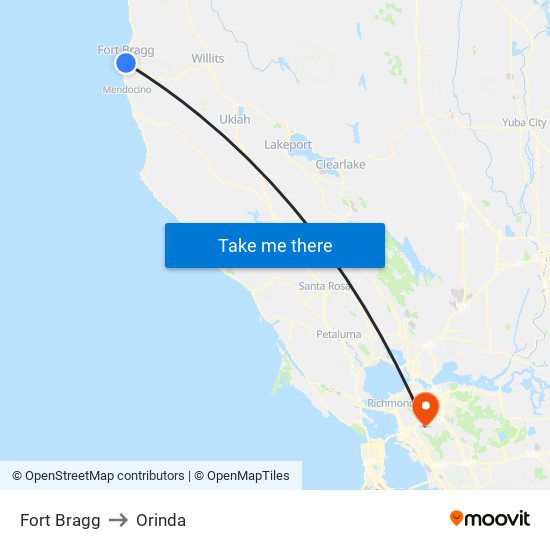 Fort Bragg to Orinda map