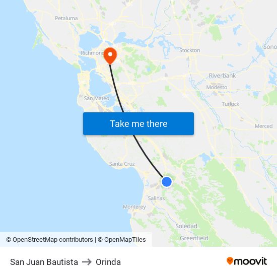 San Juan Bautista to Orinda map