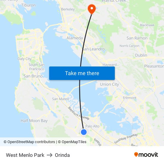West Menlo Park to Orinda map