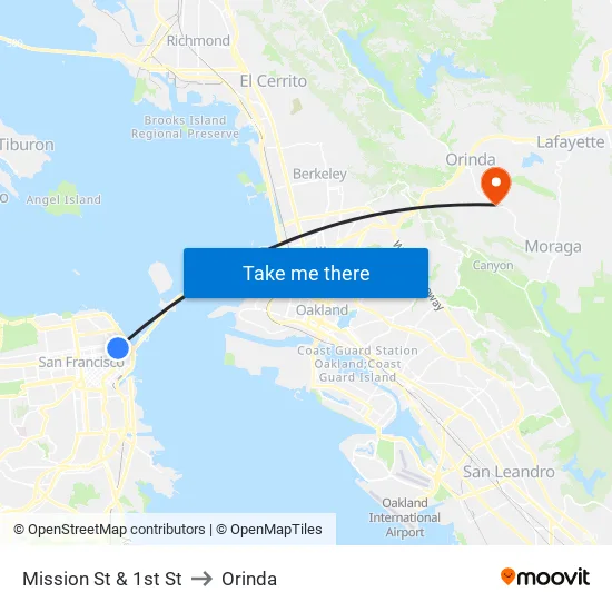 Mission St & 1st St to Orinda map