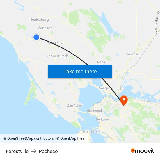 Forestville to Pacheco map