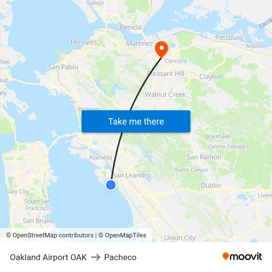 Oakland Airport OAK to Pacheco map