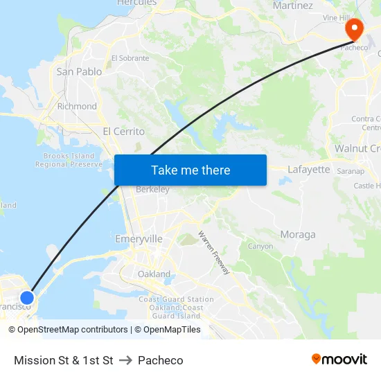 Mission St & 1st St to Pacheco map