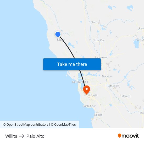 Willits to Palo Alto map