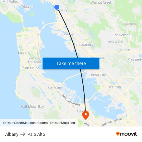 Albany to Palo Alto map