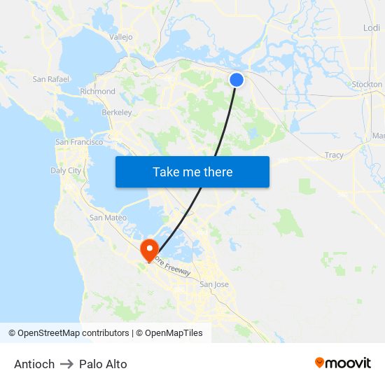 Antioch to Palo Alto map