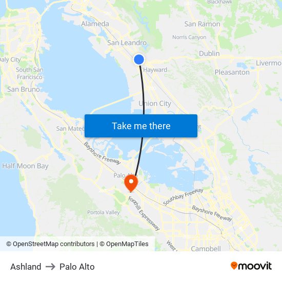 Ashland to Palo Alto map