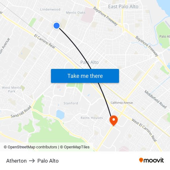 Atherton to Palo Alto map