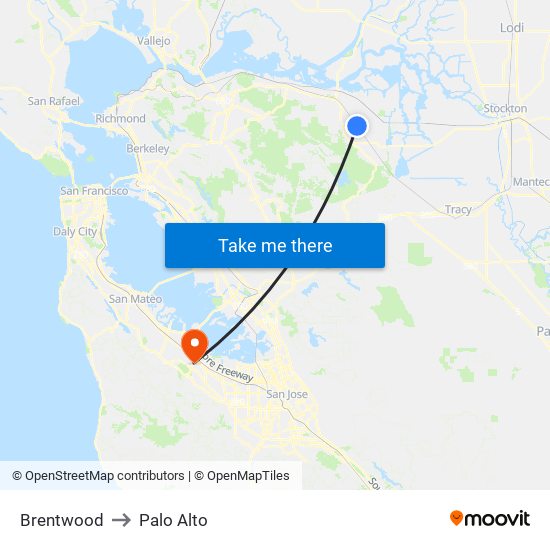 Brentwood to Palo Alto map