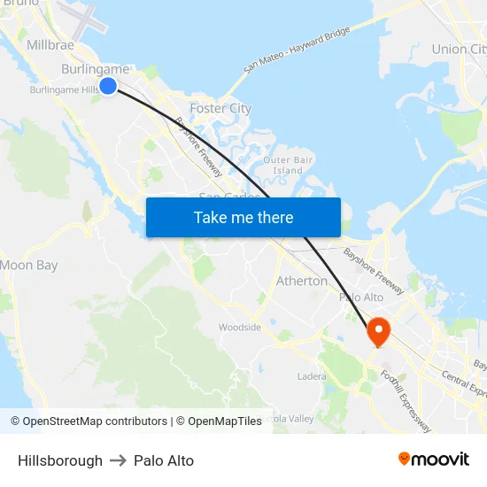 Hillsborough to Palo Alto map