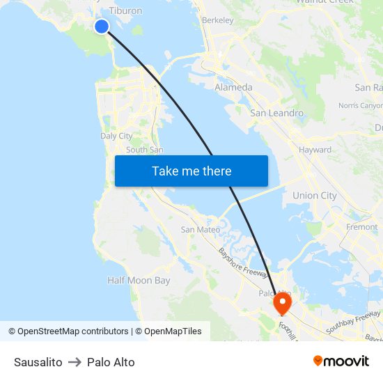 Sausalito to Palo Alto map
