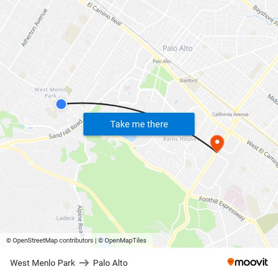 West Menlo Park to Palo Alto map