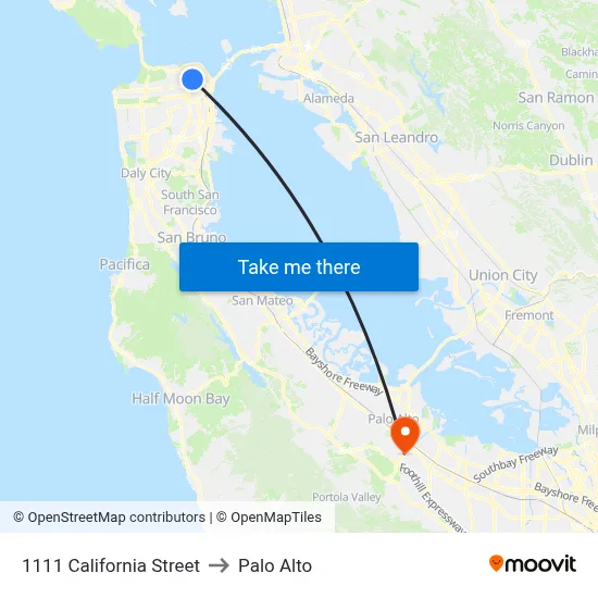 1111 California Street to Palo Alto map