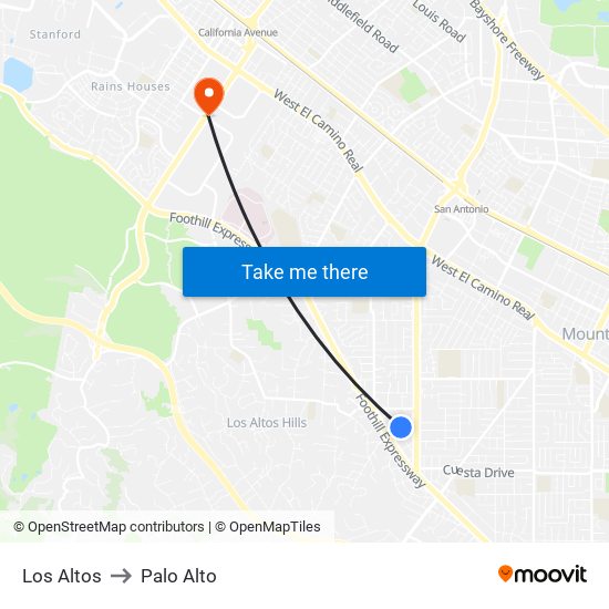 Los Altos to Palo Alto map