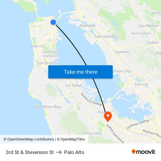 3rd St & Stevenson St to Palo Alto map