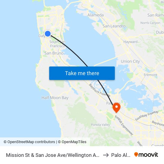 Mission St & San Jose Ave/Wellington Ave to Palo Alto map