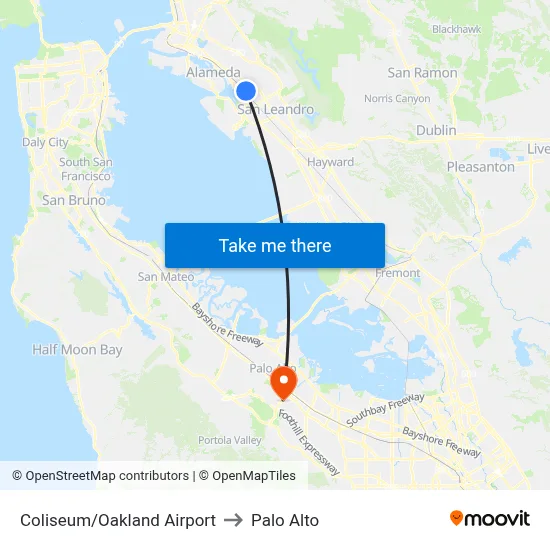 Coliseum/Oakland Airport to Palo Alto map