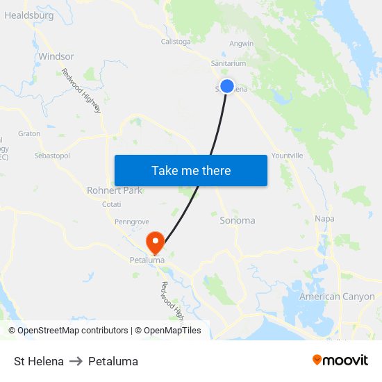 St Helena to Petaluma map