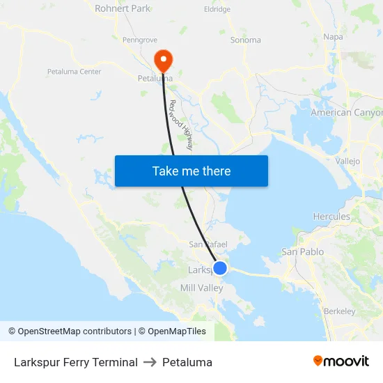 Larkspur Ferry Terminal to Petaluma map
