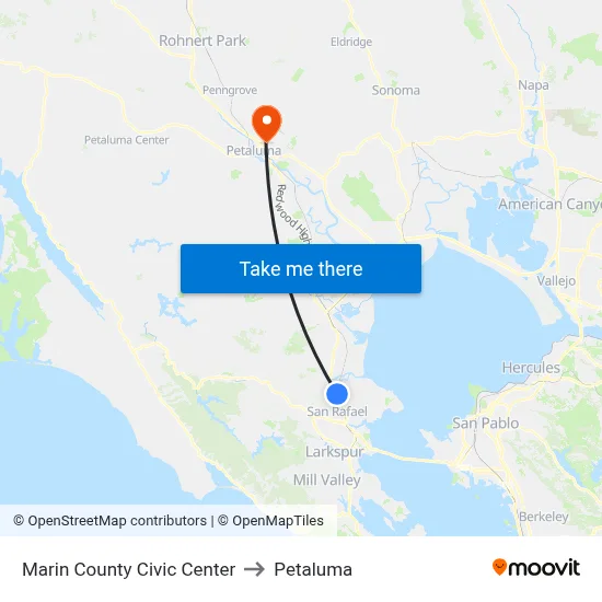 Marin County Civic Center to Petaluma map