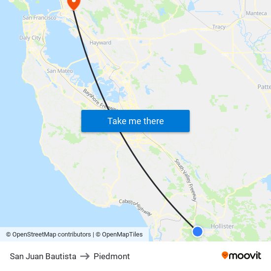 San Juan Bautista to Piedmont map