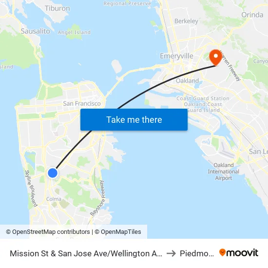 Mission St & San Jose Ave/Wellington Ave to Piedmont map