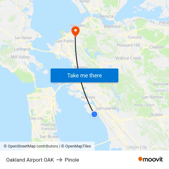Oakland Airport OAK to Pinole map