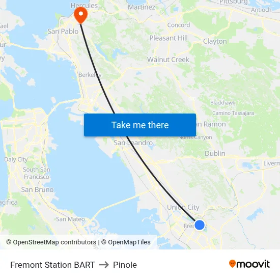 Fremont Station BART to Pinole map